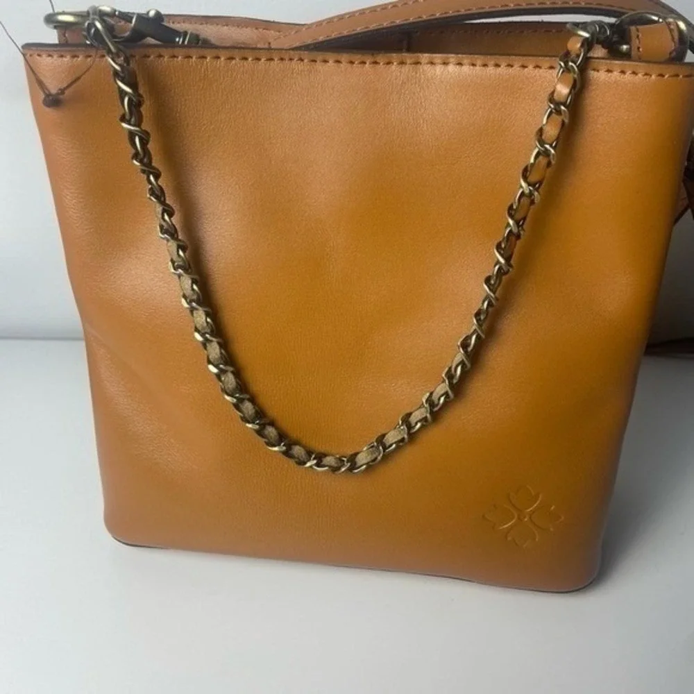 Patricia Nash Tan Tooled Leather Floral Crossbody Bag with Chain Handle
